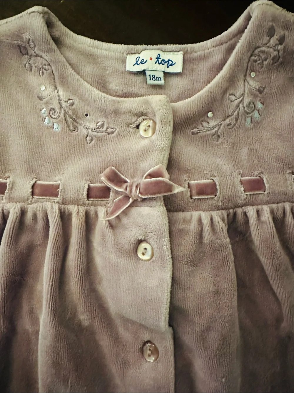 Girl’s Le Top Lavender Velvet Baby Dress with Ribbon Trim